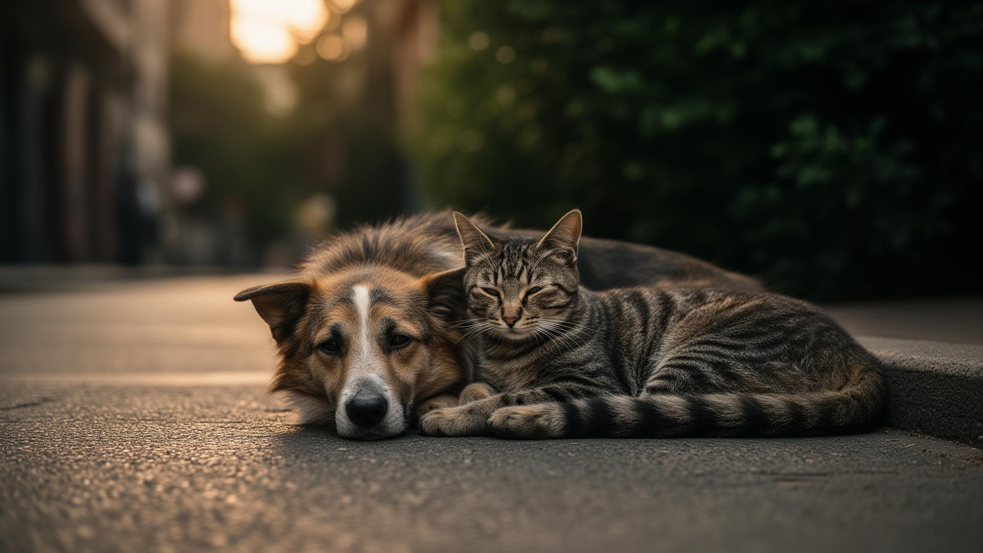 A stray dog and cat resting together on a city street at golden hour